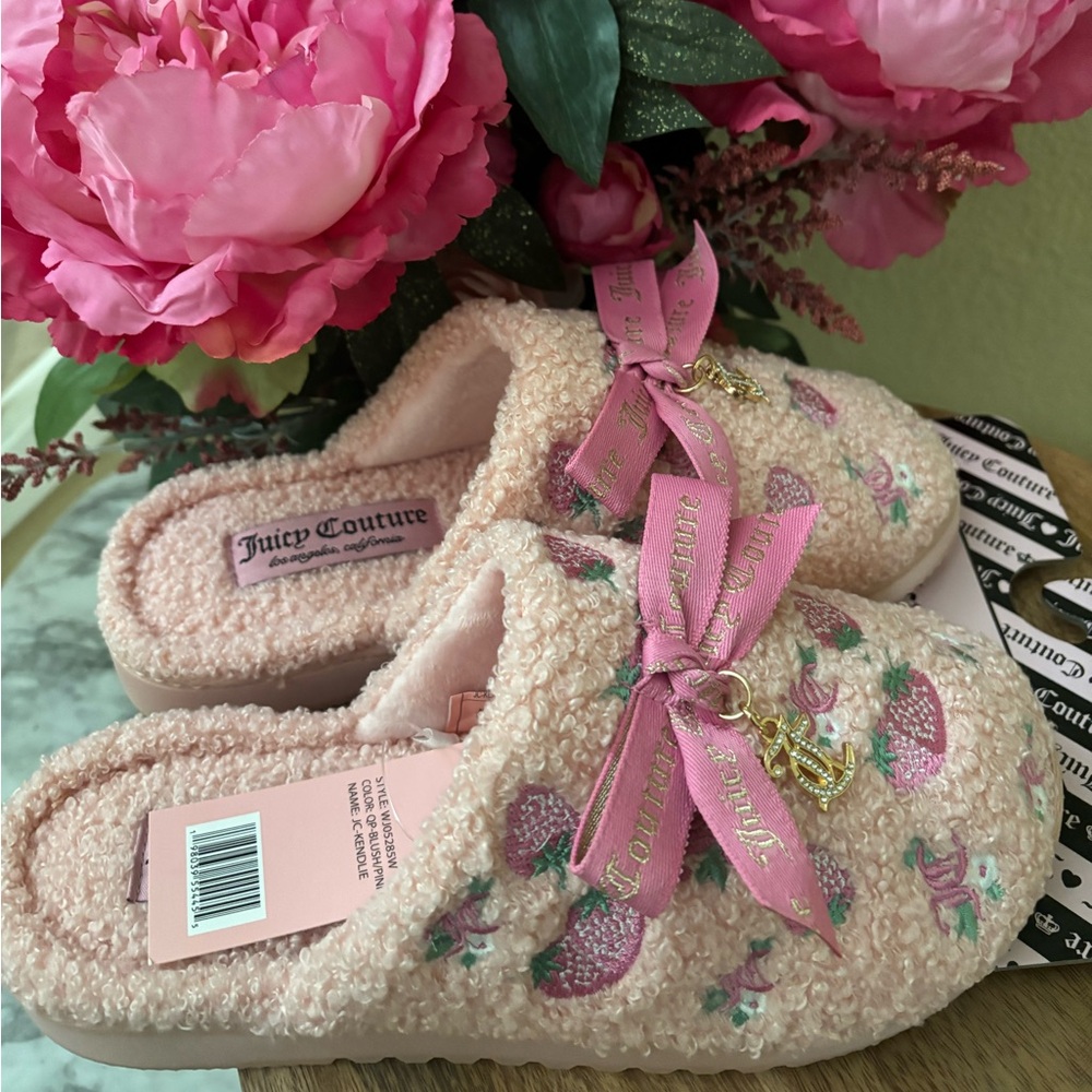 Juicy Couture  NWT Pink plush Strawberry Slip-Ons with Ribbon Charm